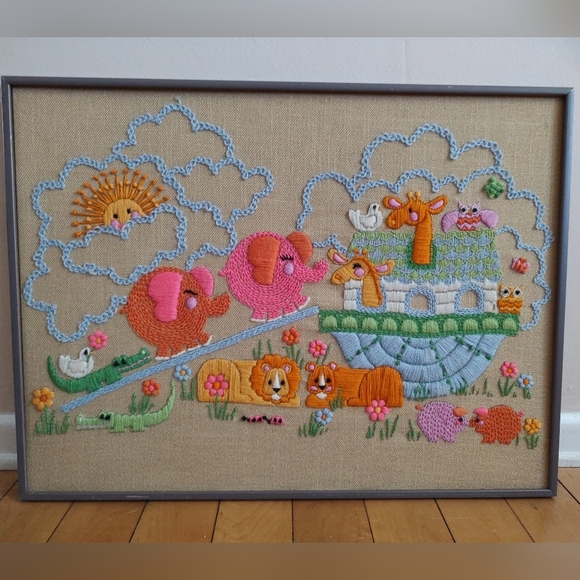 Handmade Other - Colorful Embroidered Noah's Ark Wall Art